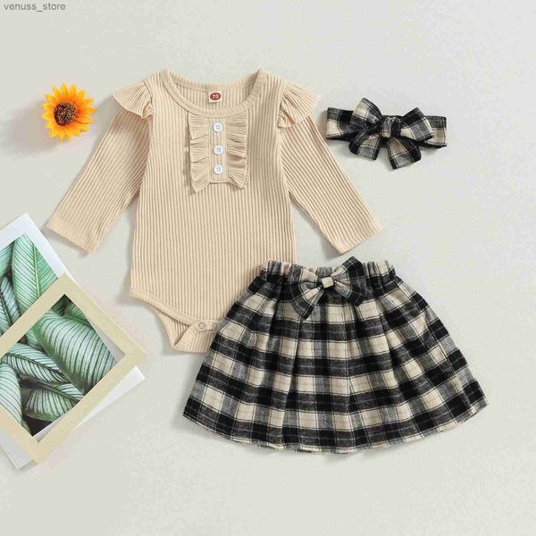 Conjuntos de roupas infantil bebê menina outono macacão conjunto cor sólida babados manga longa macacão + saia xadrez a-line + bandana 0-24m