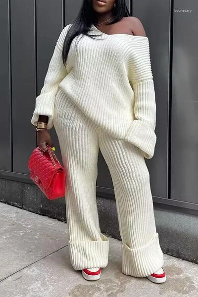 Calças de duas peças femininas Mulheres tricotadas de manga comprida solto de suéter em v alcásticos largos perna larga malha grossa de lã casual 2 cenário de roupa