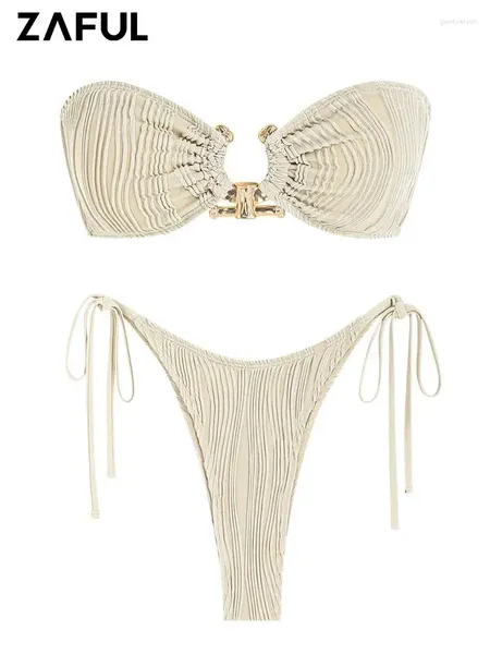 Damen-Bademode ZAFUL Bandeau-Tanga-Bikini-Set mit seitlicher Bindung, zweiteiliger einfarbiger Badeanzug mit trägerlosem, gepolstertem Oberteil, Schnürung am Rücken