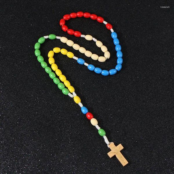 Anhänger Halskette handgefertigtes hölzerne Rosenkranzkreuz Halskette Jesus weben farbige Perlen Kindermädchen katholische religiöse Modeschmuck