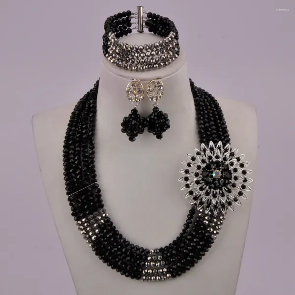 Brincos de colar Conjunto de contas de cristal de casamento nigeriano preto flash preto