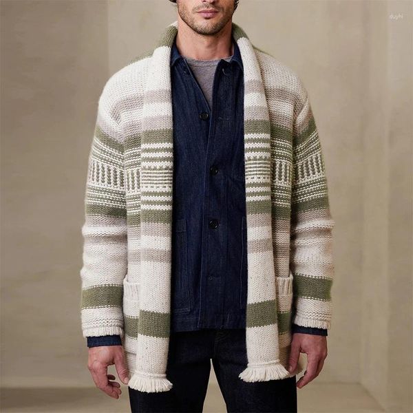 Мужские свитеры зимняя полосатая строчка вязаная куртка мужская одежда осенняя мода с длинным рукавом стиль кисточка 2023