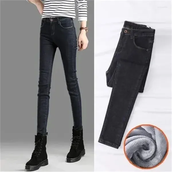 Jeans da donna ad alta vita a vita inverno elastico pantaloni a matita stretta studentessa slim lussuosa peluche spesso pantaloni di jeans nero magro