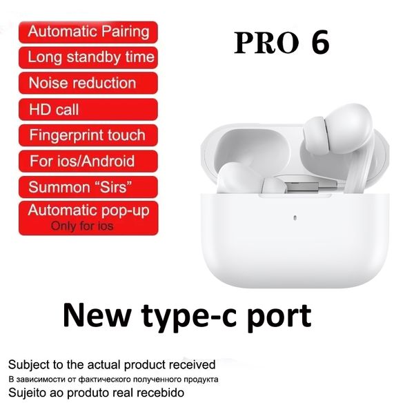 Porta de carregamento USB-C TWS Fones de ouvido sem fio Fone de ouvido Bluetooth 5.3 Fones de ouvido esportivos com cancelamento de ruído ativo Pro6 para iPhone Xiaomi Huawei