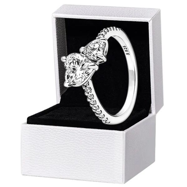 Neuankömmlinge Doppelherzherzfunkel Ring Solid 925 Silberinnen Frauen Freundin Geschenkschmuck für Liebhaber CZ Diamond Ringe mit Originalkastenset