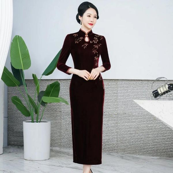 Abbigliamento etnico di grandi dimensioni 4XL 5XL 6XL femminile lungo in velluto Qipao sexy slim split stampa fiore cheongsam retrò classico stile Chinse Dress