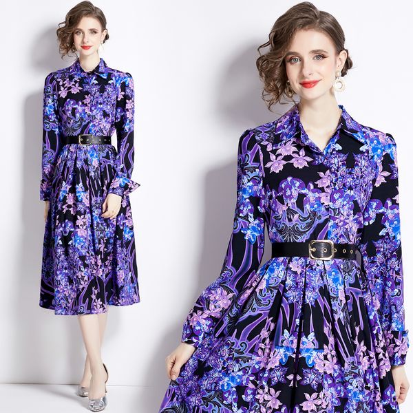 Designer Festa floral Purple Midi Dress Mulher Mulher Larve Larve Lapel Botão Slim High Caistas Férias Ruched Dressess 2024 Spring outono Elegante Fit Runway Fashion Ballgwn