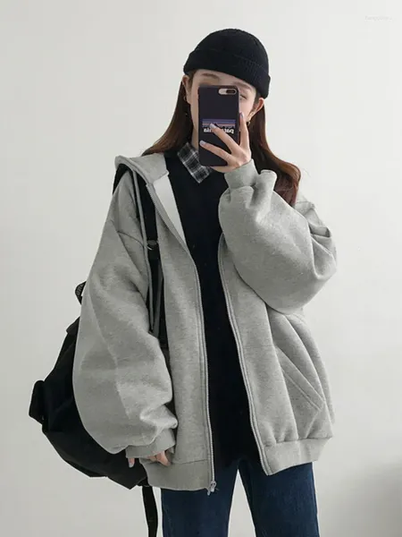 Con cappuccio femminile grigio zip up felpa con cappuccio coreano di moda autunno inverno calda spessa oversize harajuku fenta