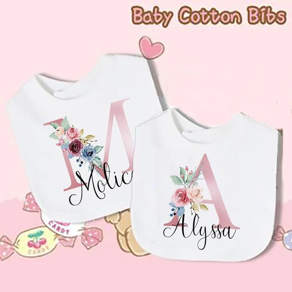 Babadores personalizados para bebês, inicial personalizada com nome, babador de algodão para meninas, toalha de saliva, estampa de flores, presentes de banho para batismo 231225