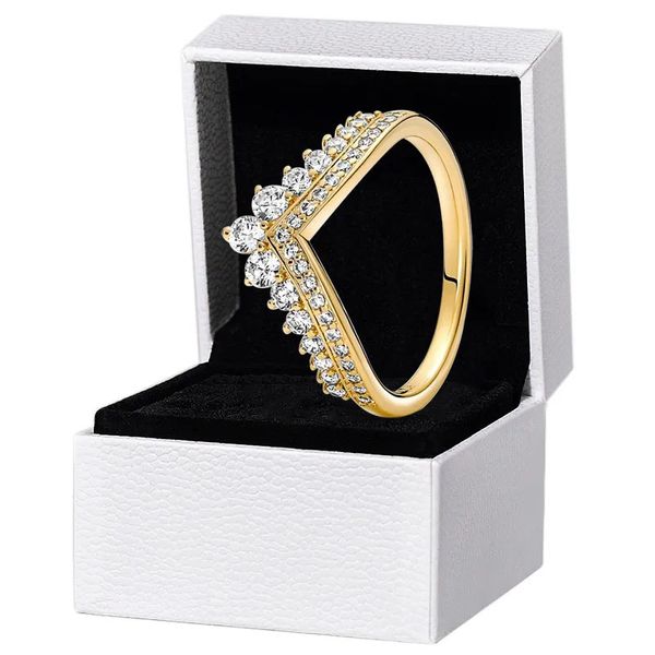 Желтое золото с покрытием Timeless Wish Tiara Ring Girl Womens CZ Diamond Свадебные украшения Подарочная коробка для колец из стерлингового серебра 925 пробы