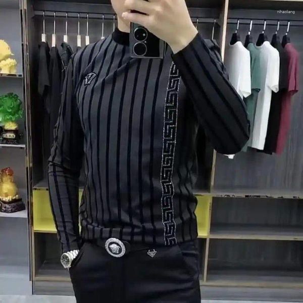 Camisas casuais masculinas outono e inverno de alta qualidade listrada diamante de manga comprida camada de base confortável camada