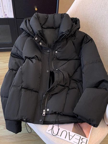 Damengrabenmäntel IUOIin Wintermantel für Frauen Parkas Schwarz weiß Kapuze Außenbekleidung Drawsting Koreanische Mode Down Baumwolle warm verdicken