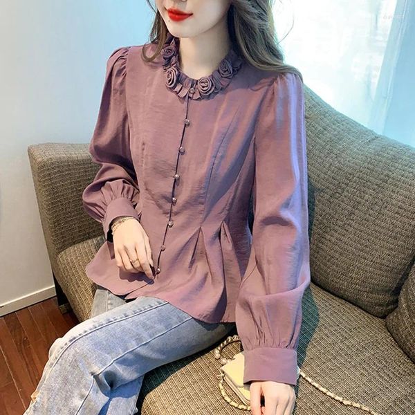 Женские блузки пурпурной рубашка с длинным рукавом