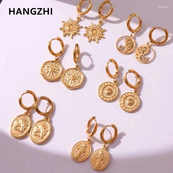 Серьги-кольца HangZhi, 2023, винтажные, из нержавеющей стали, золотого цвета, компас, солнечный круг, овальная, неравномерной геометрии для женщин и девочек, вечерние