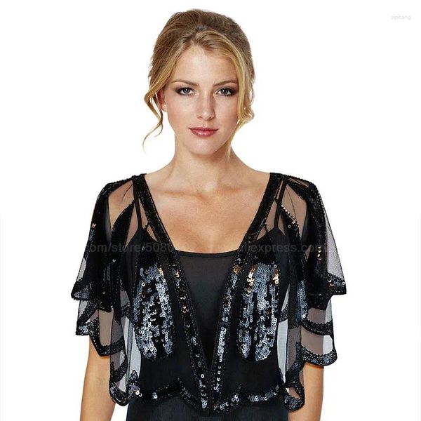 Lenços femininos 1920s casamento xale envolve lantejoulas frisadas noite capa nupcial bolero flapper cobrir protetor solar capelet ouro / preto