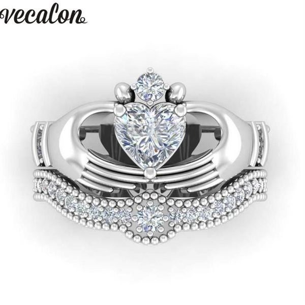 Anéis de casamento Vecalon Luxury Lovers Claddagh Ring 1CT 5A Zircão CZ Banda de noivado de ouro branco CZ