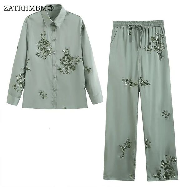 Zatrhmbm 2023 moda feminina camisa de cetim com lantejoulas e cordão calças de cintura alta conjunto chique juventude férias terno 231225