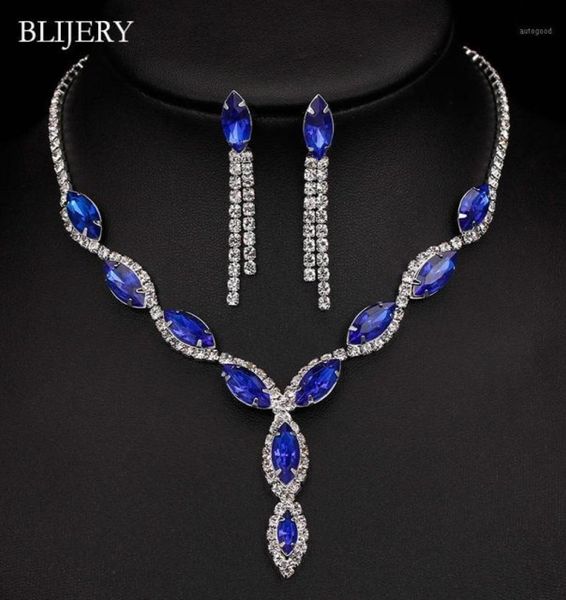 BLIJERY посеребренные комплекты свадебных украшений с королевскими синими кристаллами для женщин, длинное ожерелье с кисточками и листьями, серьги, свадебные ювелирные наборы13005674950