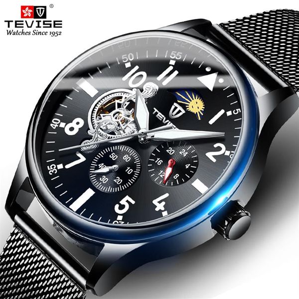 Nova chegada Tevise Men Menic Mechanical Watch Full Steel Tourbillon Wristwatch Fase Moon Cronógrafo Clock216y