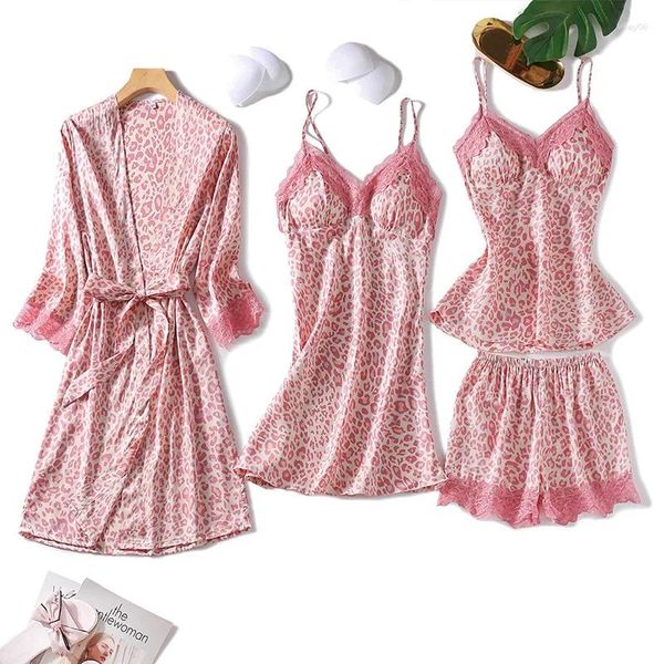 Frauen Nachtwäsche Leopard Seiden Frauen 4pcs Pyjamas Pink Sexy Nachtwäsche Pijamas Pyjamas Dessous Kimono Bademantel Kleid Spa Geisha Anzug M-XL