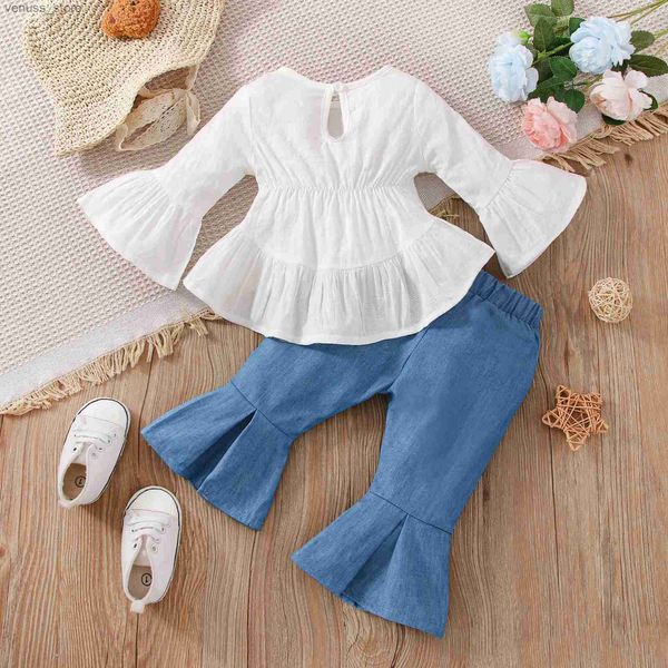 Set di abbigliamento Set di vestiti per bambina appena nato primavera estate e autunno in 2 pezzi Top a maniche lunghe + jeans blu a 2 pezzi set adatto