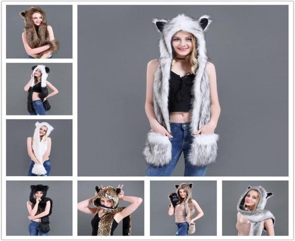 Boinas Mulheres Faux Fur Hood Animal Hat Ear Flaps Luvas 3in1 Wolf Plush Quente Imitação Chapéus Cap com Scarf9082926