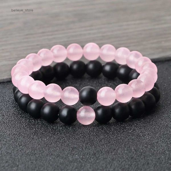 Anhänger Halsketten 2 teile/satz Naturstein Rosa Schwarz Perlen Paar Distanz Armband Für Männer Frauen Strang Armbänder Armreifen Yoga Liebhaber schmuck Geschenke L231225