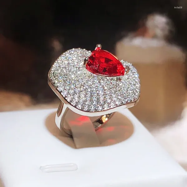 Кластерные кольца Lotus Leaf Full Diamond Heart Red Циркония кольцо для женщин мода свадебная вечеринка 925 стерлинговые серебряные украшения подарок оптом