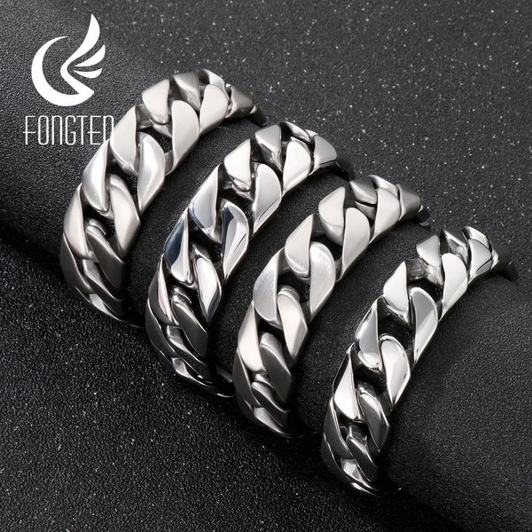 Fongten Kubanisches Kettenarmband für Männer, glänzend, matt, Edelstahl, schwere männliche Armbänder, Armreif, silberfarben, Panzerschmuck 231225