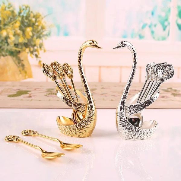 Conjuntos de louça cisne frutas garfo armazenamento cozinha moda criativa metal artesanato talheres ouro e prata colher conjunto