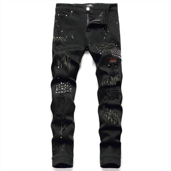 Дизайнерские новые летние уличные мужские джинсы с принтом, хлопковые брюки, молодежная мода, повседневные узкие со средней талией 3111