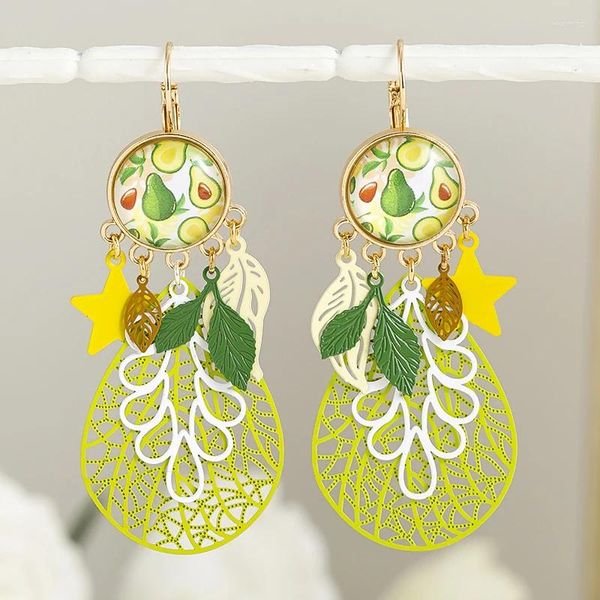 Dangle Ohrringe Böhmen im Stil Avocado Cabochon Blatt Tropfen Gold plattiert französische Haken Grün Lange für Frauen Modeschmuck