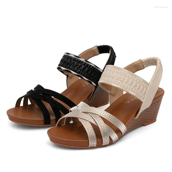 Sandalen Große Größe High Heels Exklusive Reiseschuhe Strandstiefel TPR-Sohle Leder Damen Roman 5 cm Med Plateau BM035