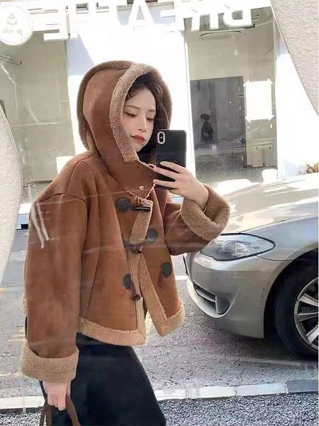 Kadın Ceketleri Kış Süet Kürk Astar Kadınlar Ceket 2023 Kore Moda Kalın Sıcak Kapüşonlu Ceket Kısa Palto Palto Kadın Trençkotları