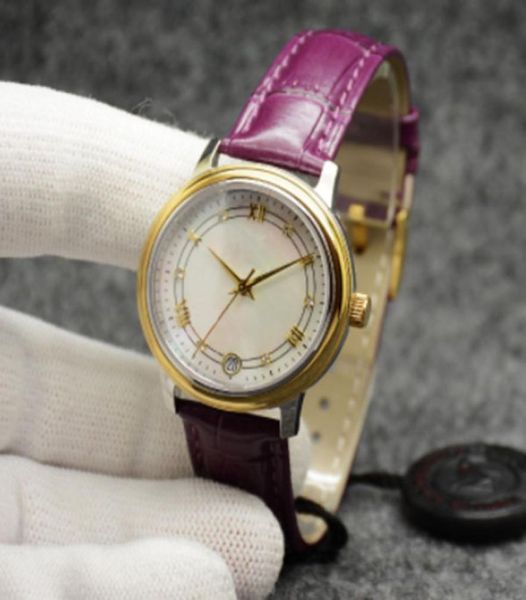 НОВЫЕ часы De Ville Prestige, автоматические механические часы с золотым корпусом, циферблат в виде ракушки, фиолетовый кожаный ремешок, дата, сапфировое стекло, 32 мм, Women039s M8719568