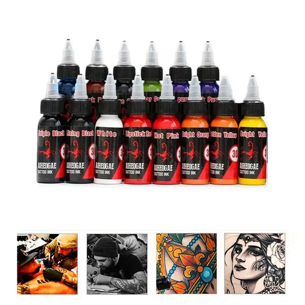 Suprimentos 14 garrafas Kit de tinta de tatuagem 1oz Tattoo Tattoo 30ml Black Body Art Pigmment Supplies de maquiagem permanente