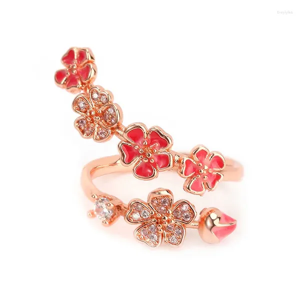 Ringos de cluster senso de design sofisticado senso criativo anel de flores de diamante completo 18k cola de ouro rosa cola de esmalte aberto fêmea aberta