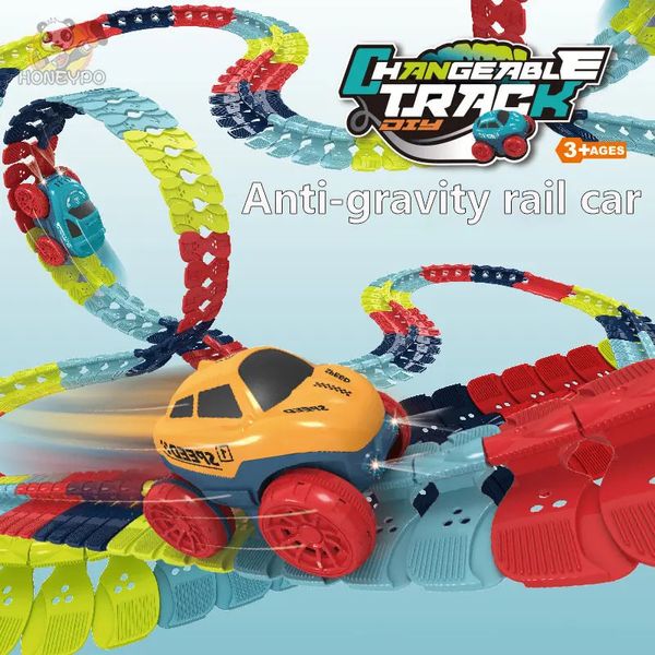 Pista infantil recarregável para menino flexível com LED Light Up Race Car Set Anti gravidade montado presente para criança 231225