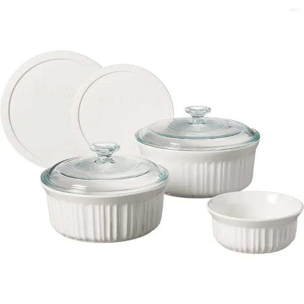 Cookware de utensílios de cozinha Corningware French White 7-PC Ceramic Bakeware Conjunto com tampas de chip e crack resistente a assar Stoare Microondas