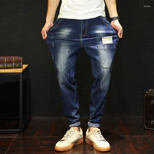 Jeans masculinos plus size 28-48 moda vintage rasgado grande bolso frontal calças denim marca jovens calças