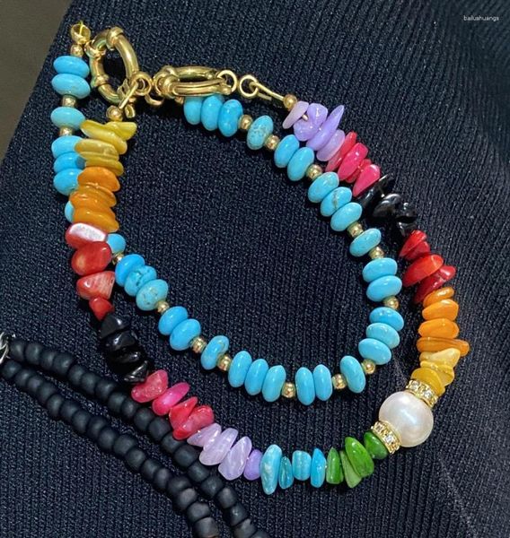 Strand Natural perle d'acqua dolce per perle arcobaleno pietre per gradiente per donne Bracciale di ghiaia cristallina gioielli fatti a mano bohémien