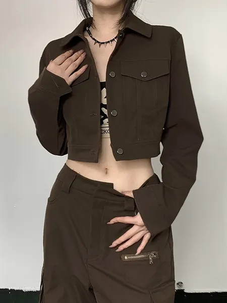 Damenjacken Hikigawa Chic Mode Herbst Frauen Vintage Denim Streetwear lässig sexy solide geschnittene kurze Mantel -Tops Mujer