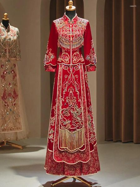Abbigliamento etnico Nappa pregiata Tradizionale vintage rosso ricamo formale paillettes Abito da sposa cinese Donna Uomo Cheongsam orientale