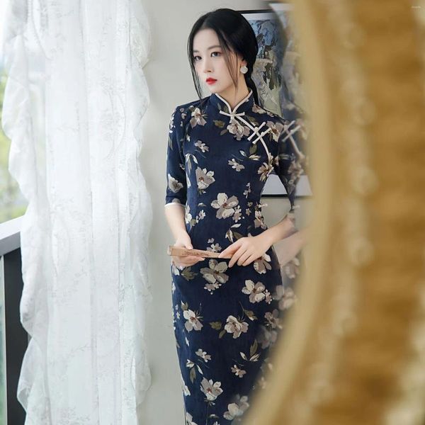 Roupas étnicas Chinês Tradicional 2023 Outono Qipao Longo Azul Vintage Menina Juventude Vestido Mulheres Vermelho Impressão Elegante