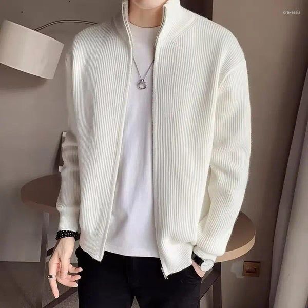 Suéter masculino outono moda gola alta zíper vintage suéter cardigan slim fit manga comprida cor sólida casaco de malha