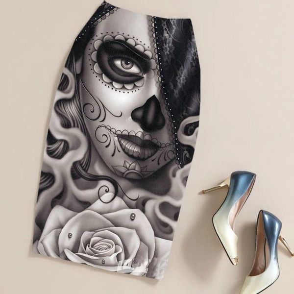 Rock Sommer Schwarz Gothic Punk Rock Kleidung Bleistiftrock Kleidung Vintage Sugar Skull Rose Damen Hohe Taille Midi Bodycon Röcke