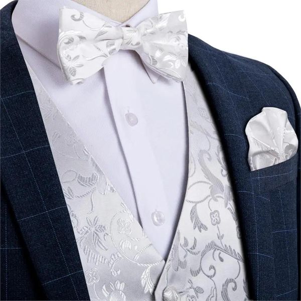 Jackets Men's White Floral Fashion Wedding Seda -colete de colete para homens Bowtie Hanky ​​Cufflinks Cravat Set para terno Tuxedo Dibangu MJ116