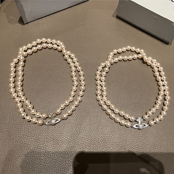 Lady Designer Anhänger Halsketten Doppelschicht Perlenketten Vintage mittelalterlicher Stil voller Diamanten Gold-plattiertes Saturn-Muster Halskette Halskette