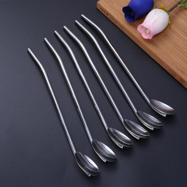 Kaşıklar 6 PC/Paket Paslanmaz Çelik Oval Şekli Metal İçme Kaşık Saman Yeniden Kullanılabilir Pipetler Kokteyl Seti (Birincil Renk)