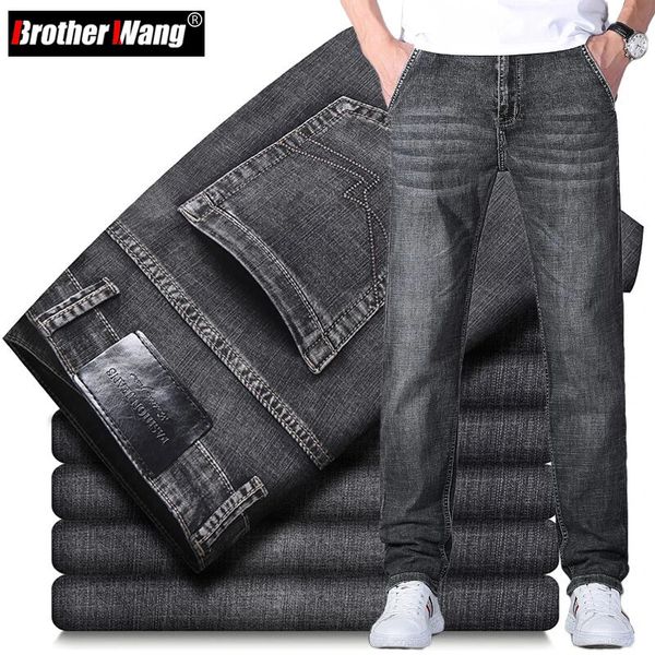 Estilo clássico dos homens cinza escuro slimfit estiramento jeans primavera algodão regular ajuste calças jeans masculino marca calças 231222